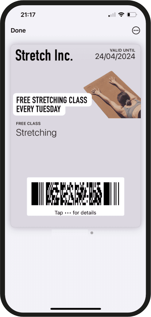 Branded digital coupon card displayed in Apple Wallet: free stretching class every Tuesday, valid until 24/04/2024, with a scan code