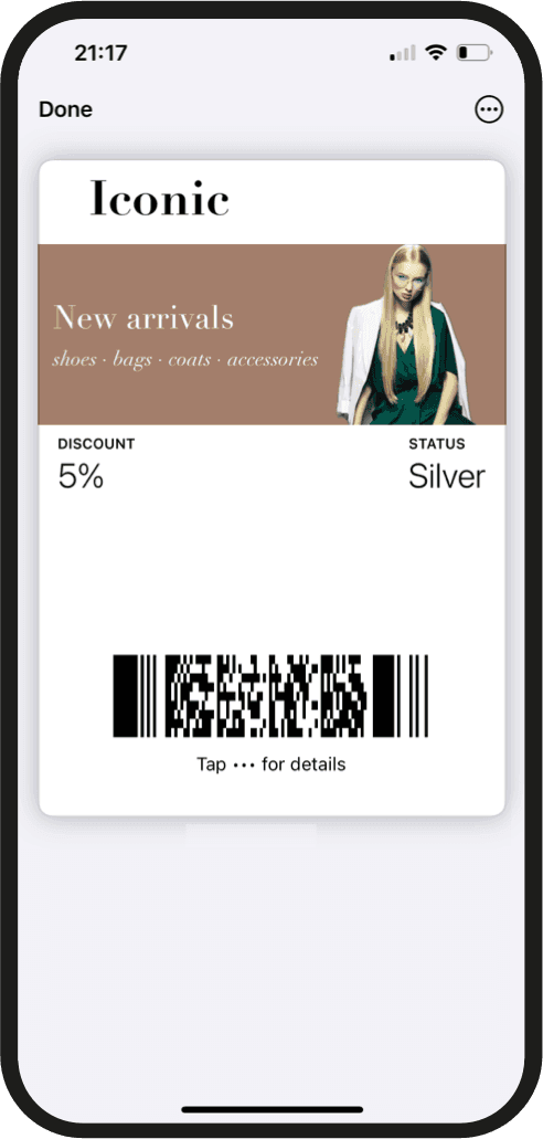 Branded digital discount card displayed in Apple Wallet: 5% discount, Silver status and a new-arrivals banner, with a scan code