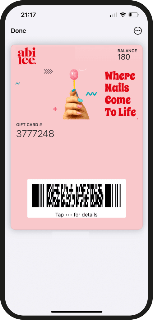 Branded digital gift card displayed in Apple Wallet: balance 180, gift card number 3777248, for a nail studio