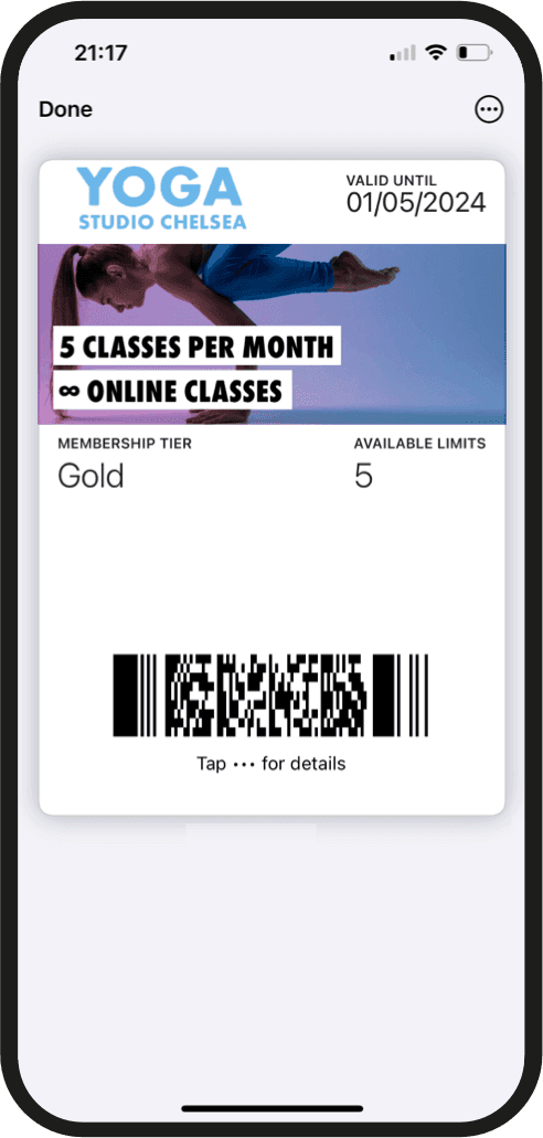 Loyal-T Cards membership card displayed in a mobile wallet: Gold membership tier, 5 available limits, valid until 01/05/2024, for a yoga studio