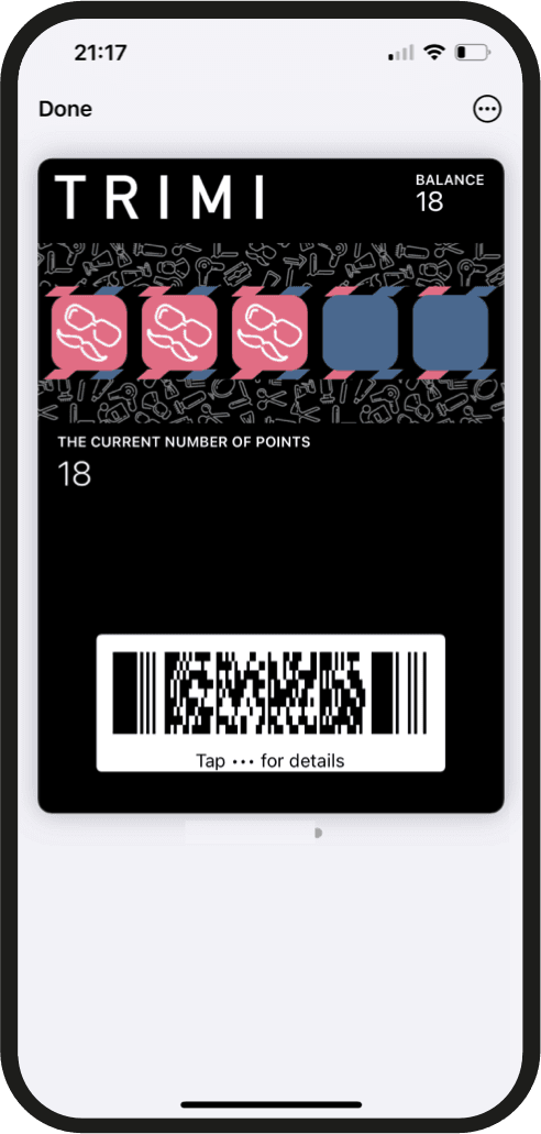 Branded digital multipass card displayed in Apple Wallet: five visit slots with three used, balance 18 and the current number of points, for a barber