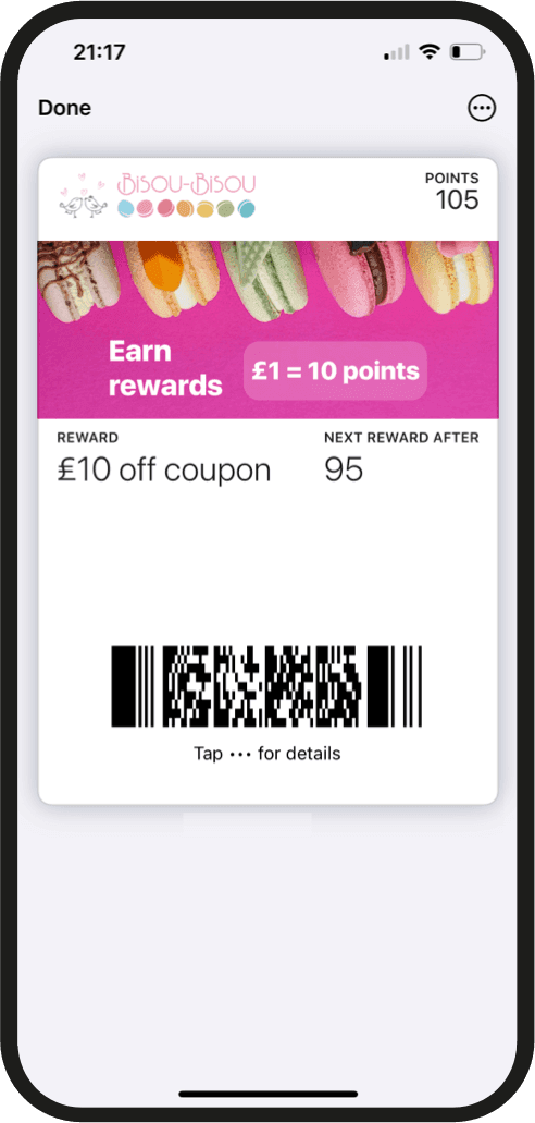 Branded digital rewards card displayed in Apple Wallet: 105 points, an earning rule of 1 pound equals 10 points, a 10-pound-off coupon reward and next reward after 95 points