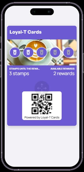 Phone showing the Loyal-T Cards coffee-shop demo loyalty card in a wallet: coffee-cup stamps over a latte photo, 3 stamps until the reward, 2 available rewards and a QR code
