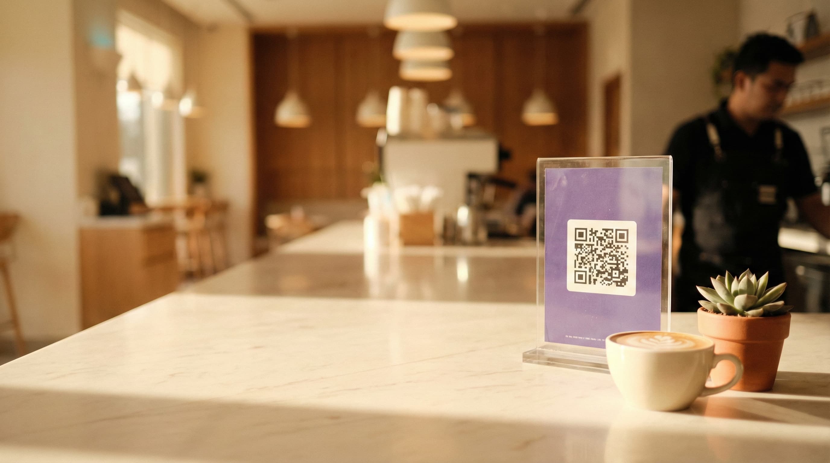 Cafe counter with a Loyal-T Cards QR stand next to a latte, with a barista working in the background