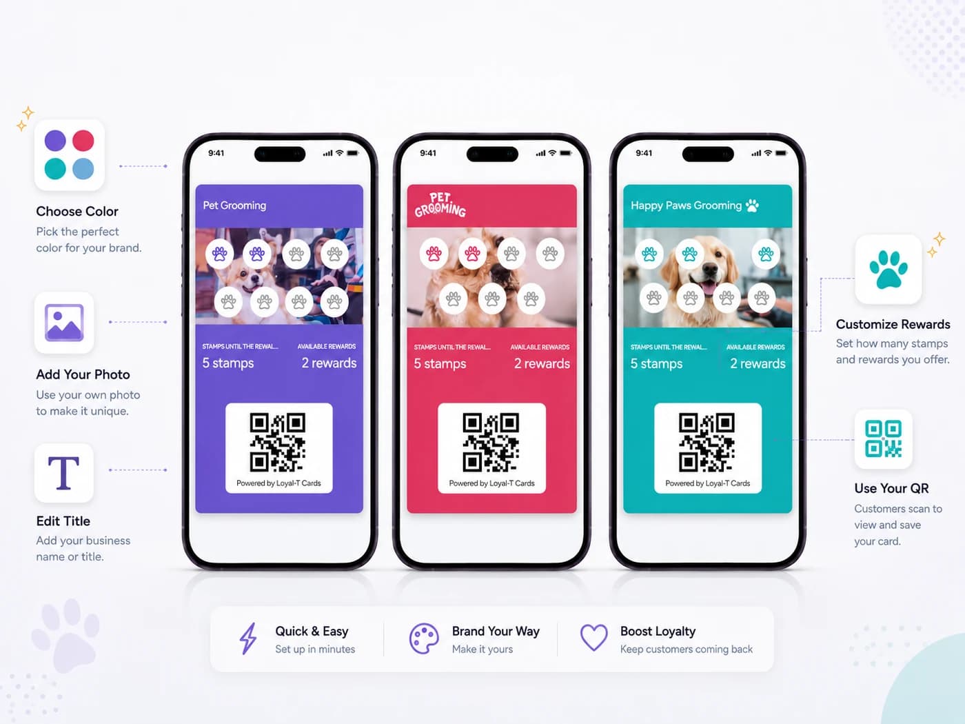 Three Pet Grooming wallet cards in different brand colours with the customisation steps: choose colour, add your photo, edit title, customise rewards and use your QR