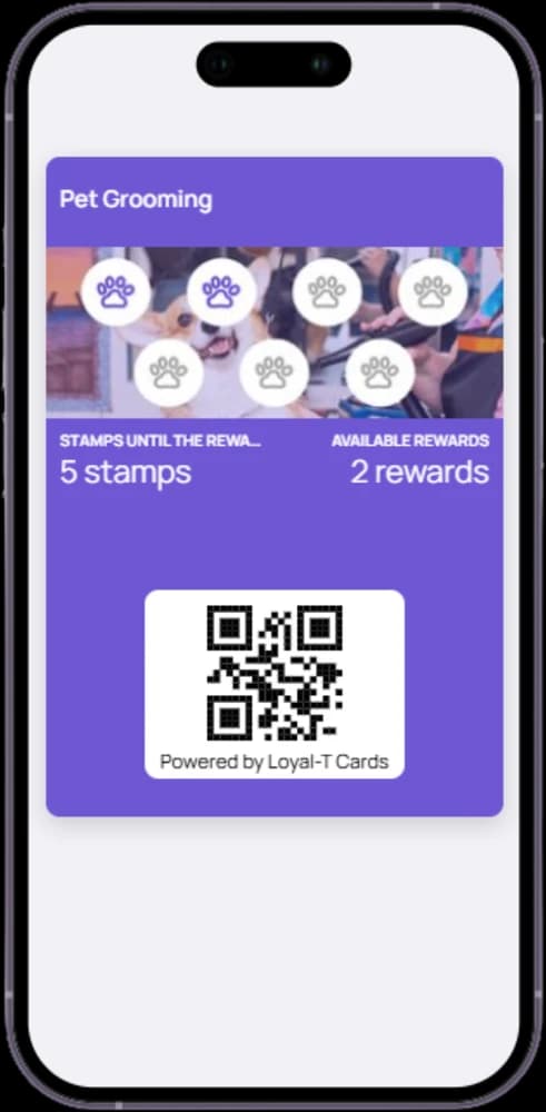 Phone showing the shared Pet Grooming demo loyalty card in a wallet: stamp progress, available rewards and a QR code, powered by Loyal-T Cards
