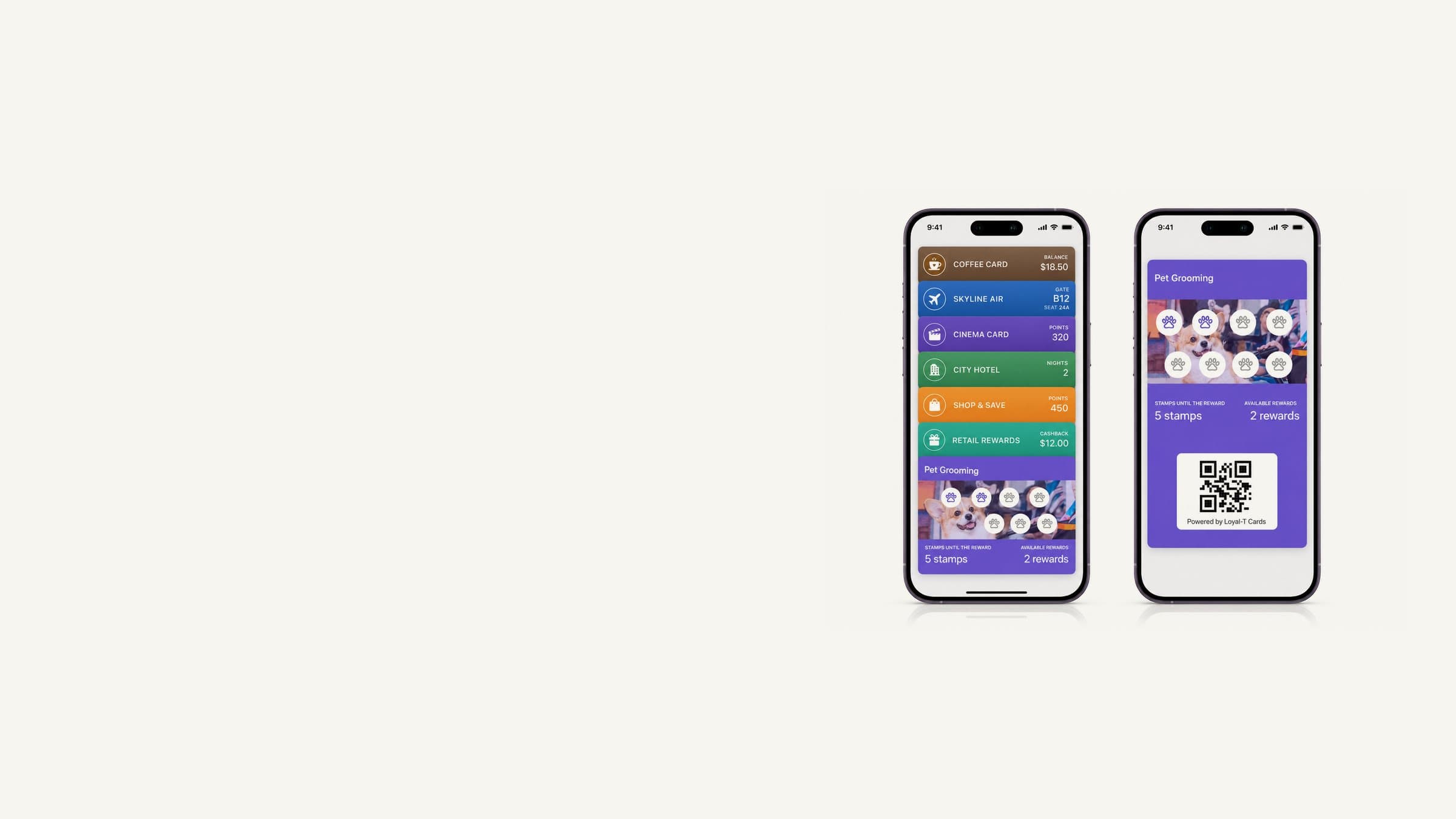 Two phones showing a Pet Grooming loyalty card in Apple Wallet: one in the wallet stack next to other passes, one open with stamps, rewards and a QR code