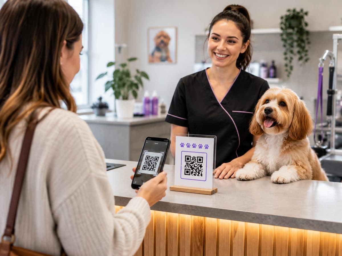 Pet owner scanning the Loyal-T Cards QR stand at a grooming salon counter while the groomer holds a freshly groomed dog