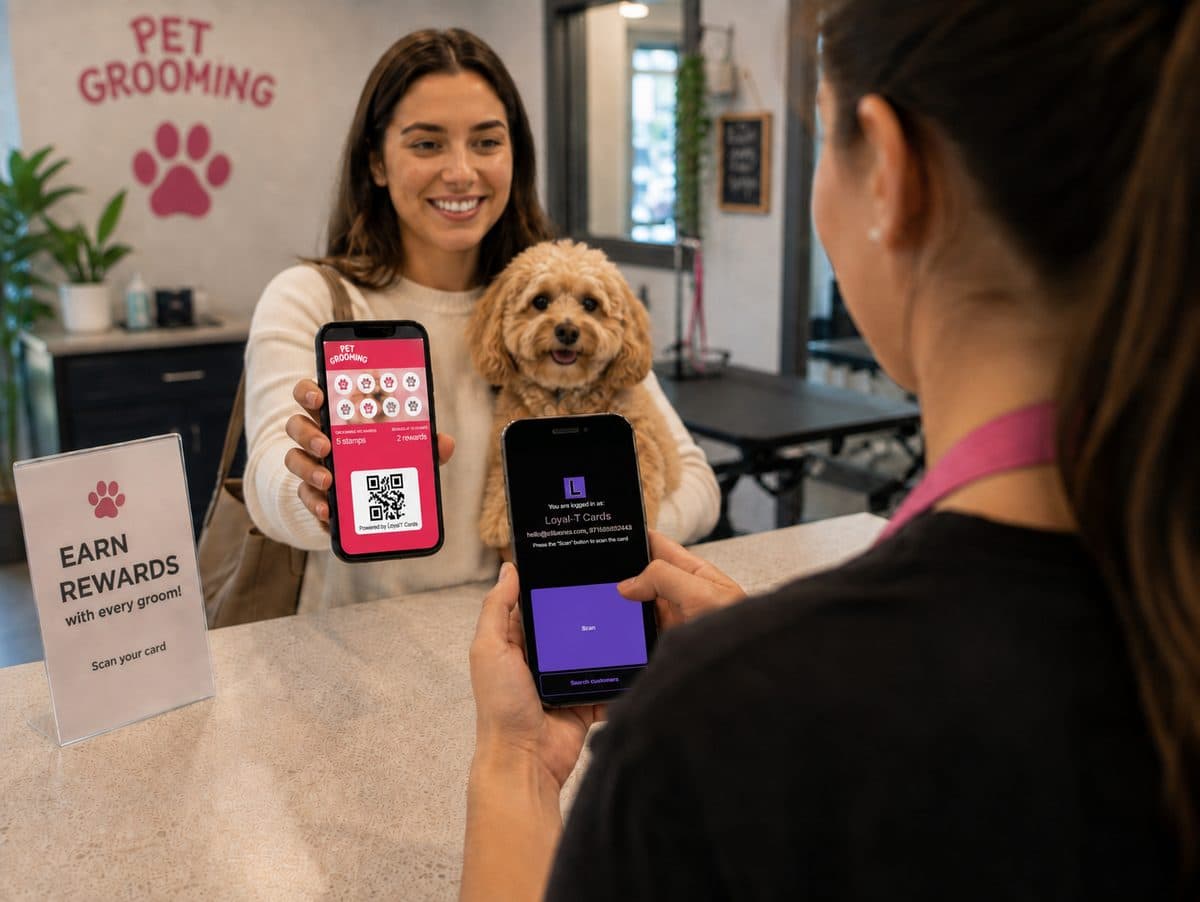 Groomer scanning a customer's phone with the Loyal-T Cards scanner to add a stamp, next to an Earn Rewards sign on the counter