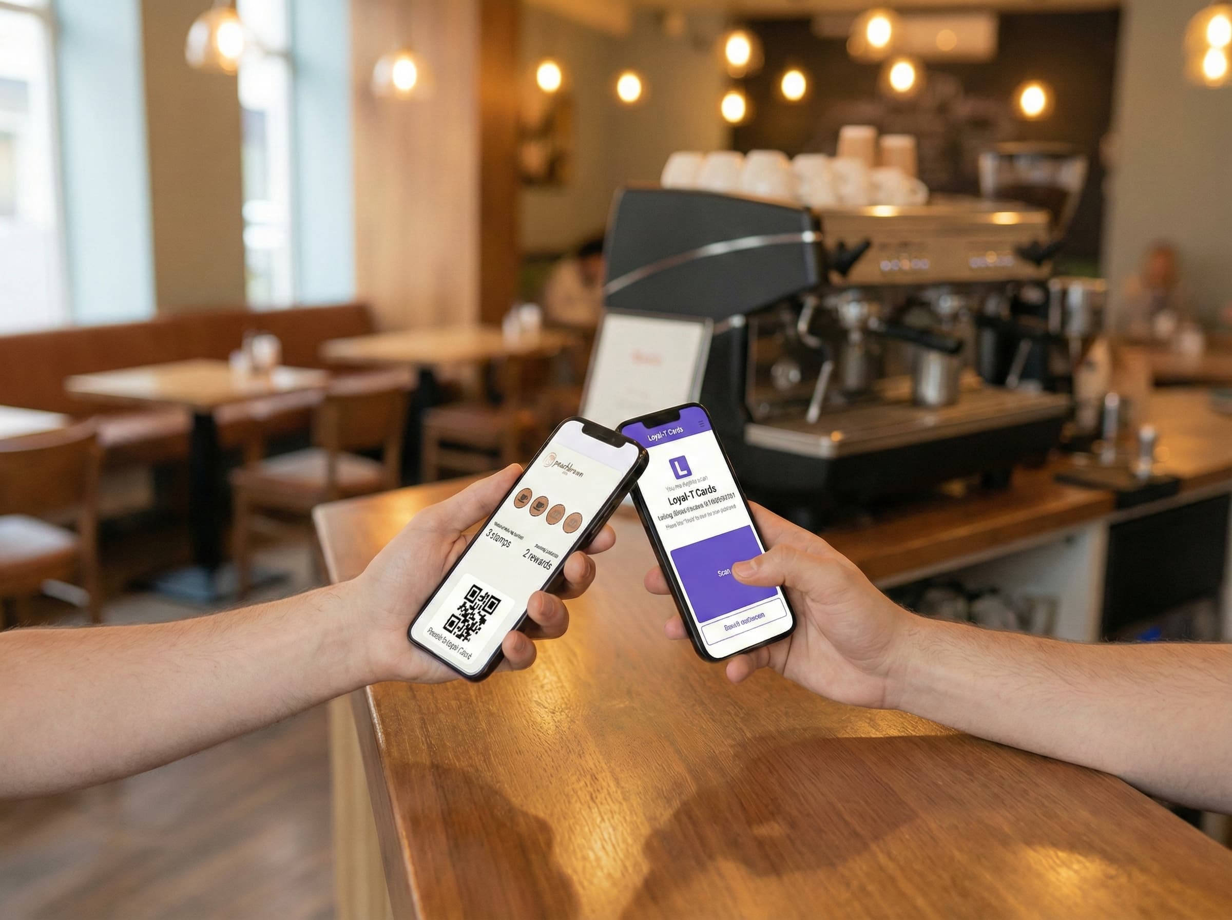 Customer holding a phone with a Peachbrown Cafe stamp card showing 3 stamps and 2 rewards, while a staff member scans it with the Loyal-T Cards scanner at the cafe counter