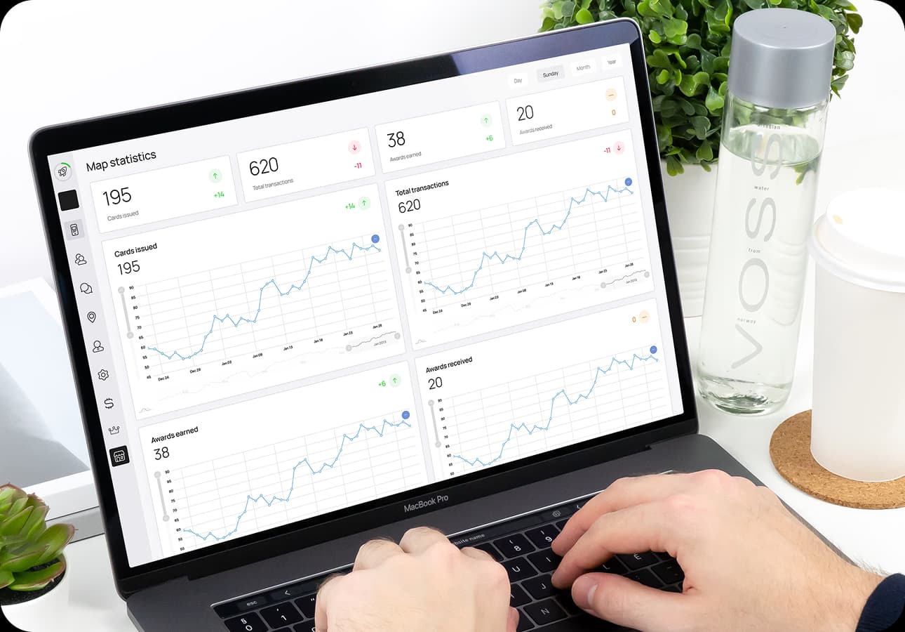 Loyal-T Cards dashboard on a laptop showing cards issued, visits and rewards earned over time